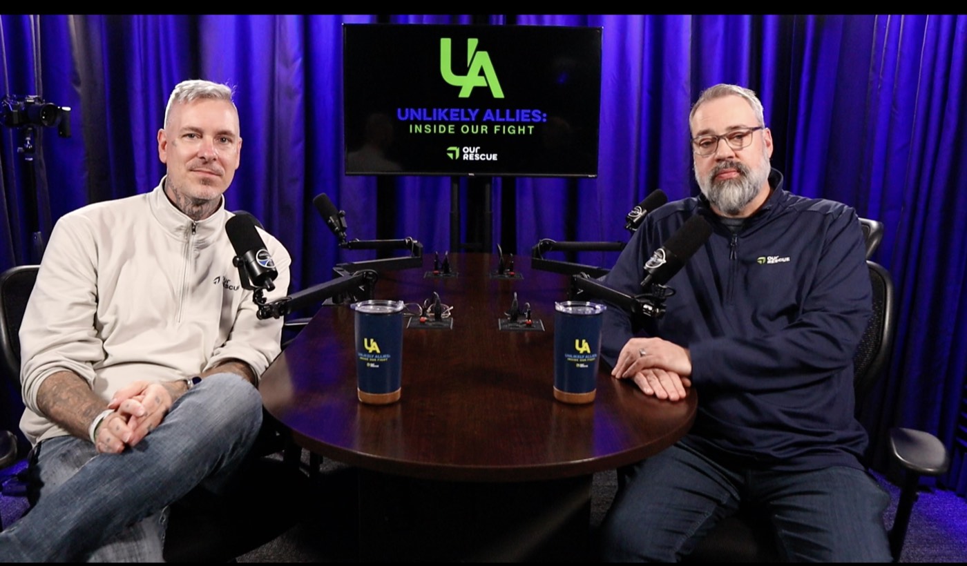 Unlikely Allies: Inside Our Fight hosts Sonny Von Cleveland and Jim Cole in the podcast studio